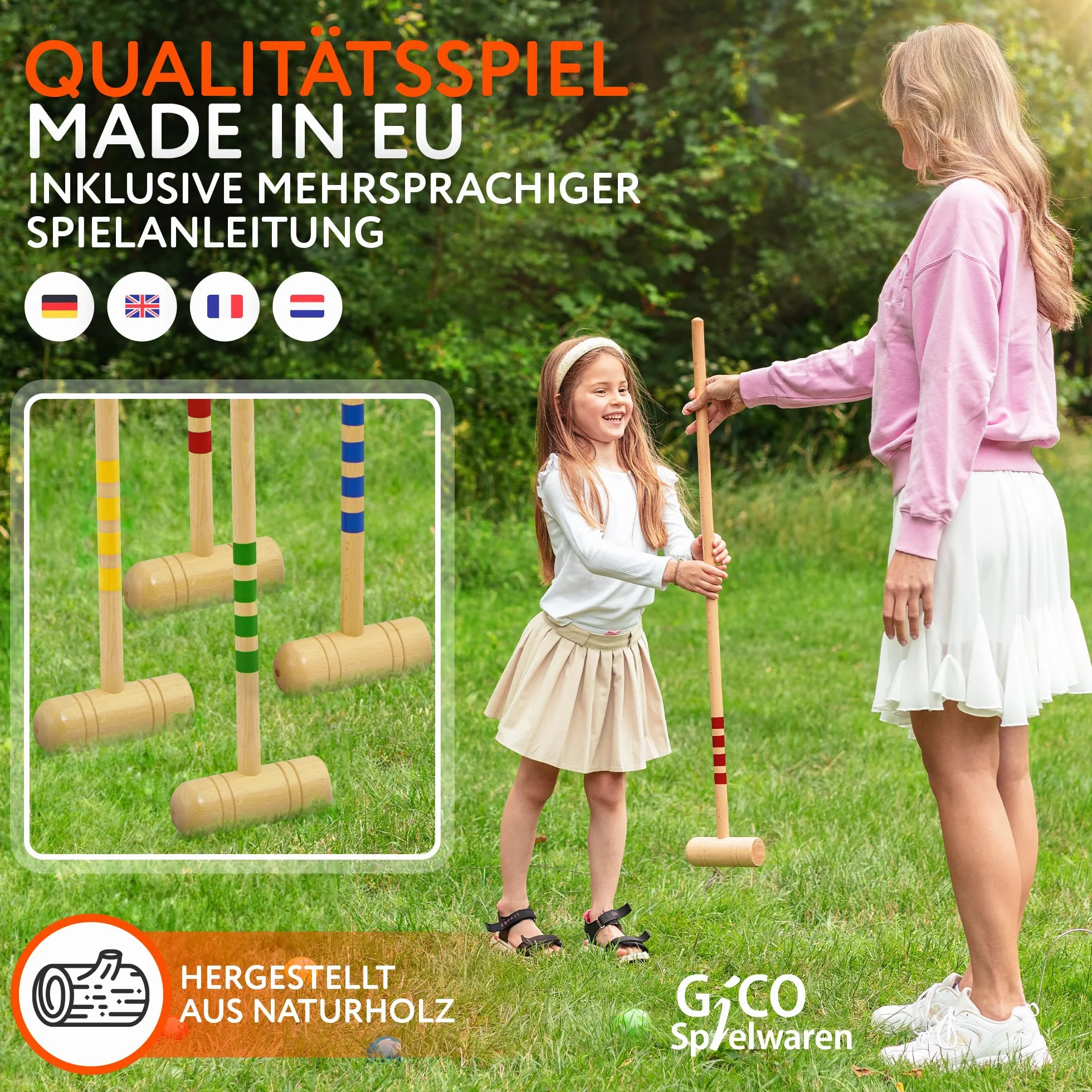 GICO Jeu de Croquet 4 Joueurs Maillets Taille Adulte 100 cm Sac de Transport