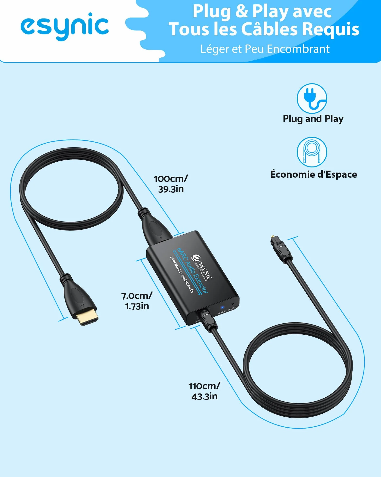 eSynic eARC ARC Audio Extracteur Convertisseur Audio eARC HDMI à Optique Support 24bit/192KHz Format Audio PCM 2,0/Dolby 5,1/DTS 5,1 Adaptateur Arc Hdmi pour HDTV à Barre de Son Casque Home Cinéma