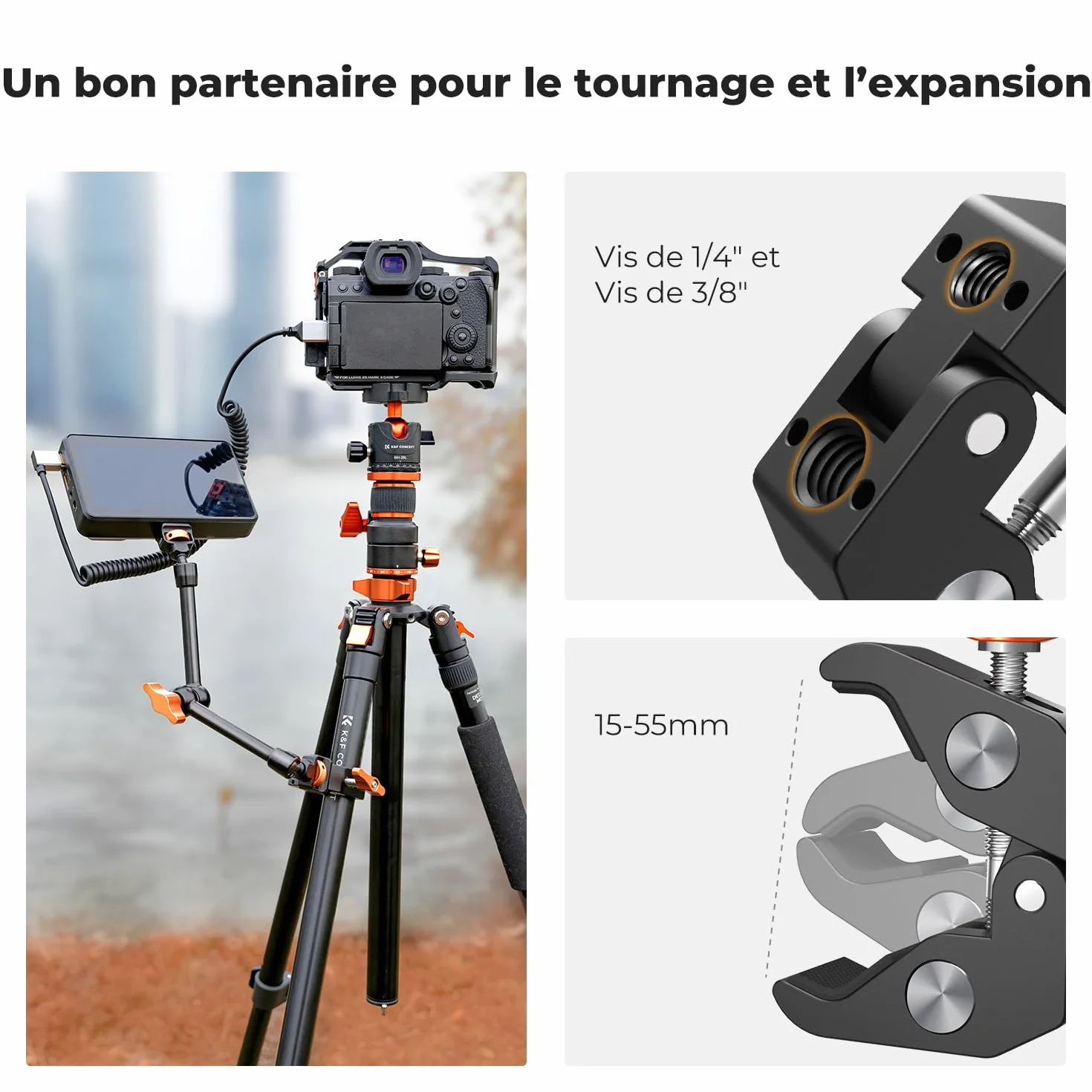 K&F CONCEPT Bras Magique 11 Pouce avec Pince Super Clamp et Vis 1/4'' 3/8'', Support Articulé Réglable pour Moniteur, Appareil Photo, Lumière LED, Microphone, Trépied Vidéo