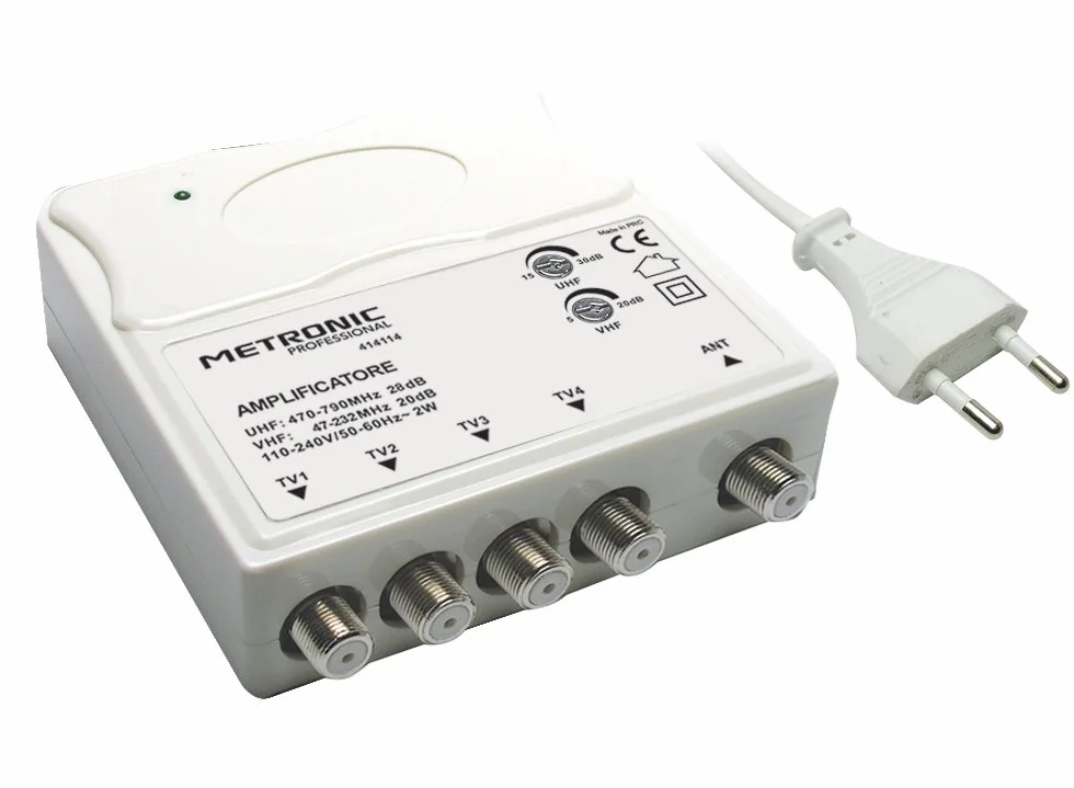 Amplificateur TV VHF/UHF numérique terrestre Filtre LTE 20 dB 28 dB réglable 1 entrée 4 Sorties Blanc