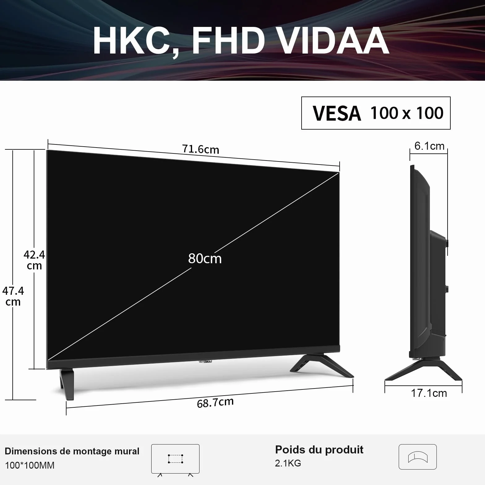 HKC Smart TV 32 Pouces (80 cm) FHD, sans Bord Connectée Télévision avec WiFi, App Store, Triple Tuner(DVB-T/T2, DVB-C, DVB-S/S2), AirPlay (H32N1F-V, 2026)