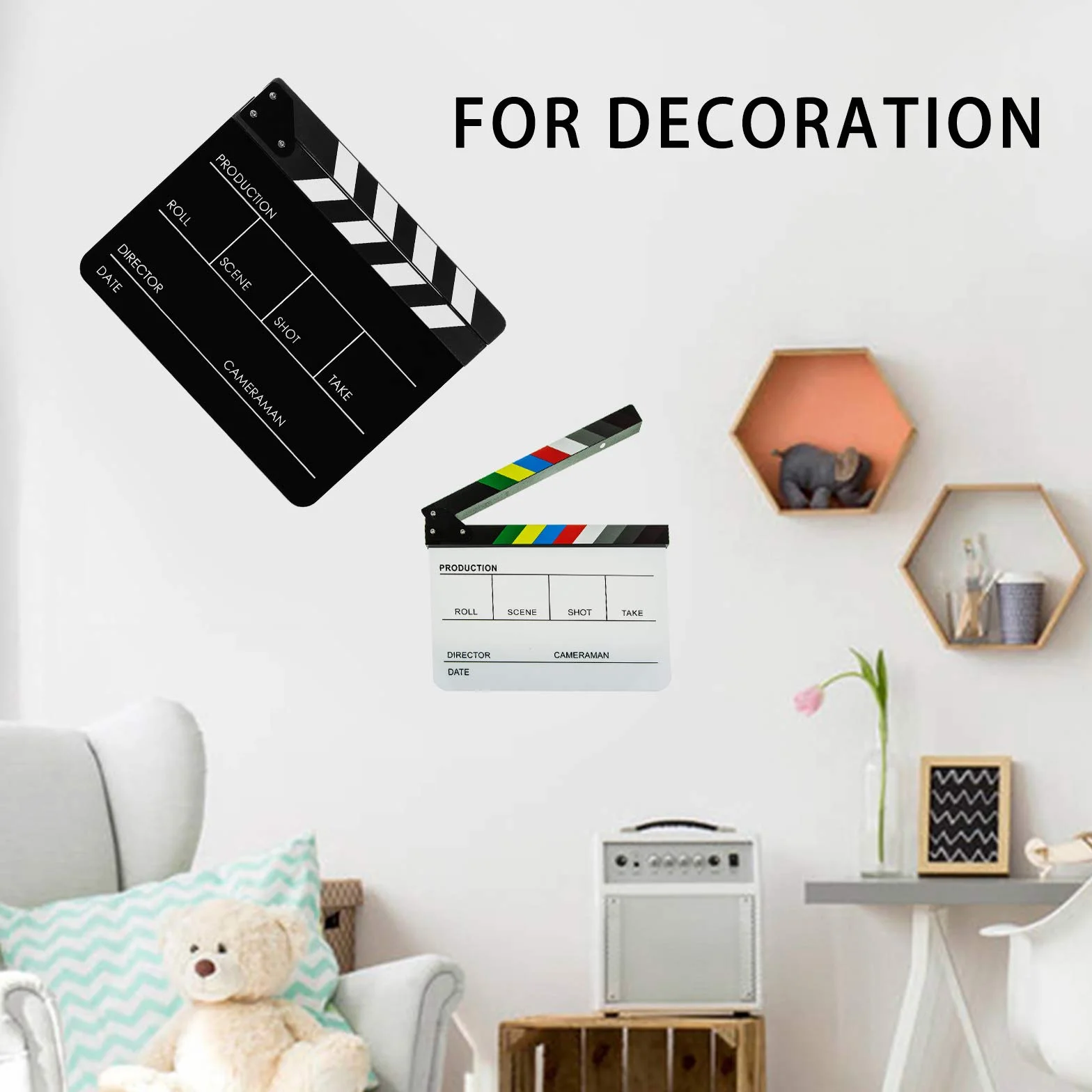 30x24cm Acrylique Blanc Clap Cinéma Film Cut Action Scène Clapper Board Ardoise, Scènes D'action Cut Clapper Ardoise avec Perche pour Publicité Vidéo