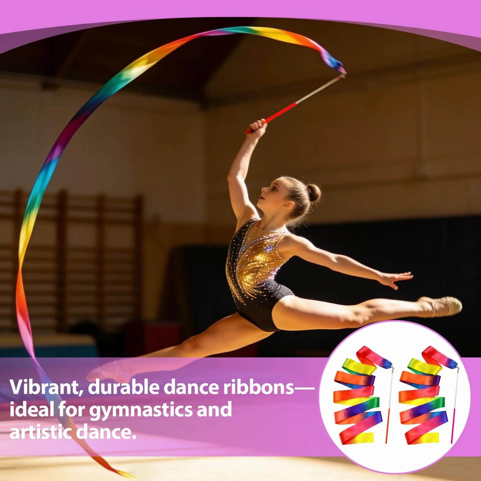 Ruban Gymnastique Rythmique 2M Nylon Durable avec Bâton 29cm, Set de 2 Pièces Multicolores