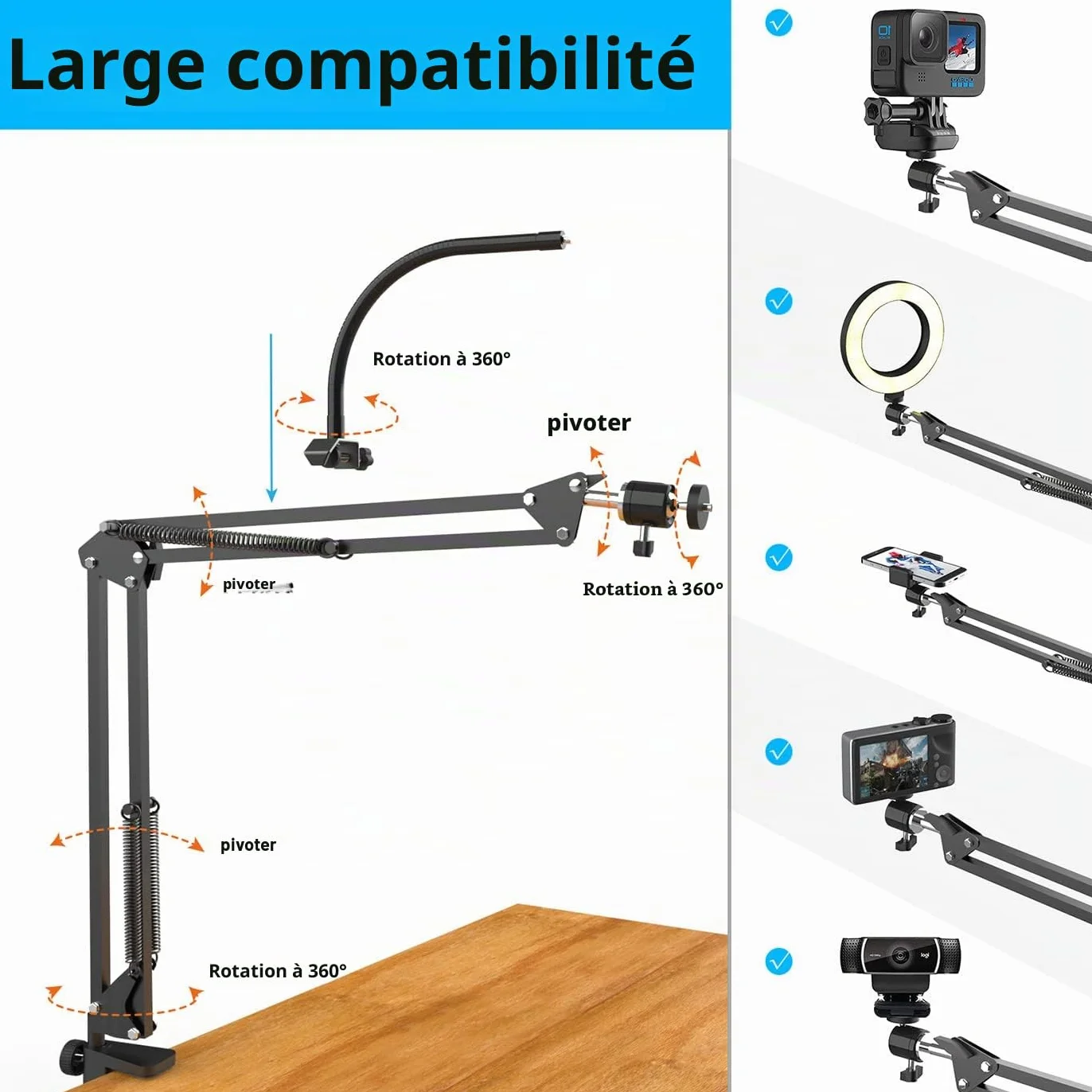 Support de caméra aérien avec Anneau Lumineux, Support de Bras de téléphone articulé Flexible Compatible avec iPhone, Webcam Logitech, trépied de Bureau pour Youtube Live Stream Video Recording