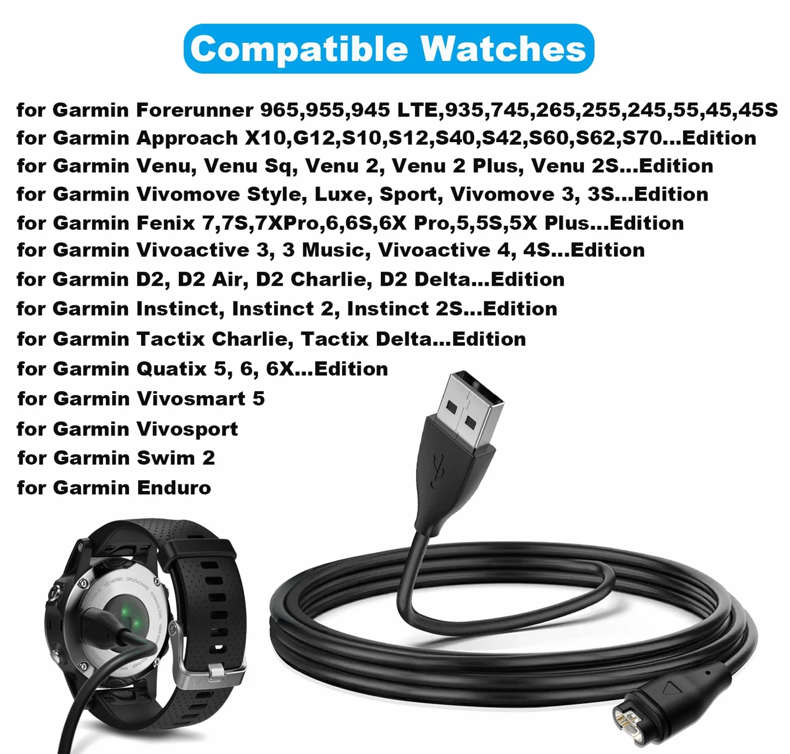 Chargeur Cable Compatible avec Garmin Venu/Venu 2/Venu 2S/Venu SQ 2/VenuSQ/Vivoactive 3, Garmin Fenix 6 6S 6X Pro, 5 5S 5X Plus, 7 7S 7X, 3.3ft Câble de Charge (Noir)