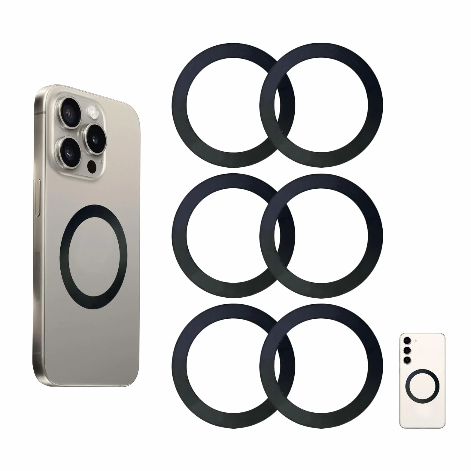 Lot de 6 Anneau Magnétique Telephone Universels Compatible avec MagSafe, Anneau Autocollant Ultra-Mince pour Coque de Téléphone Compatible avec iPhone 17 16 15 14 13 et Android, Noir