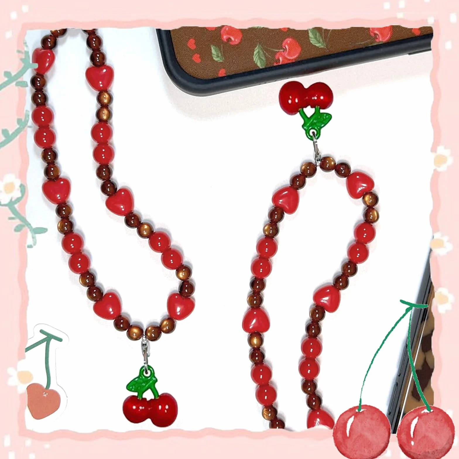 Chaîne de Pendentif pour Téléphone Portable, Charme Universel, Cordon Cherry, Bracelet Kawaii