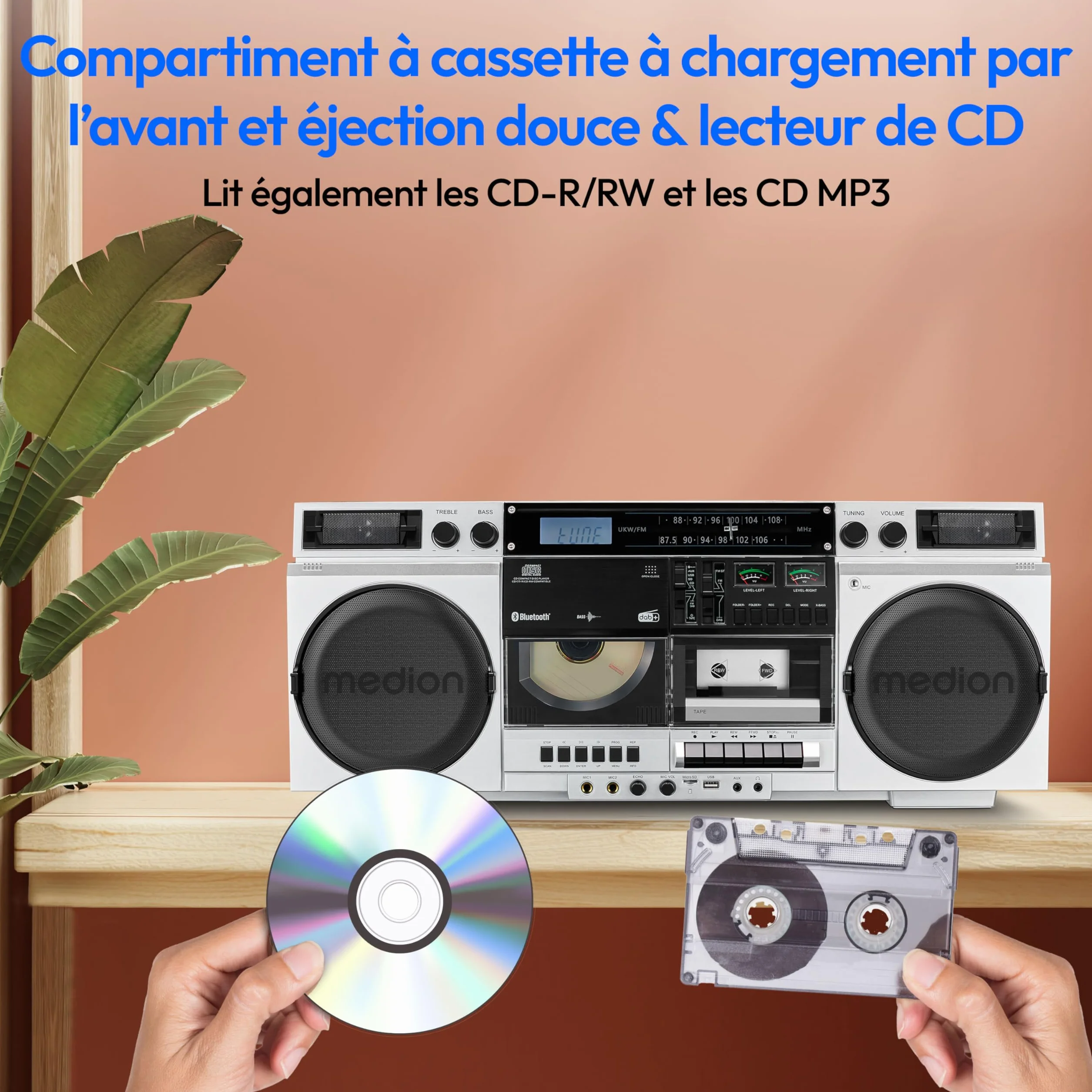 MEDION P66538 Enregistreur à cassettes Ghettoblaster rétro lecteur CD USB SD radio DAB+ Bluetooth platine cassette