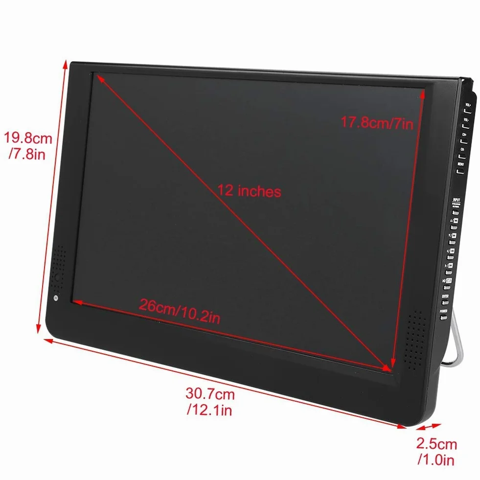 Téléviseur numérique Portable, Lecteur de télévision numérique Portable 1080P 12 Pouces 16: 9 LED, pour Chambre à Coucher, Cuisine, Caravane, Voiture, avec Support