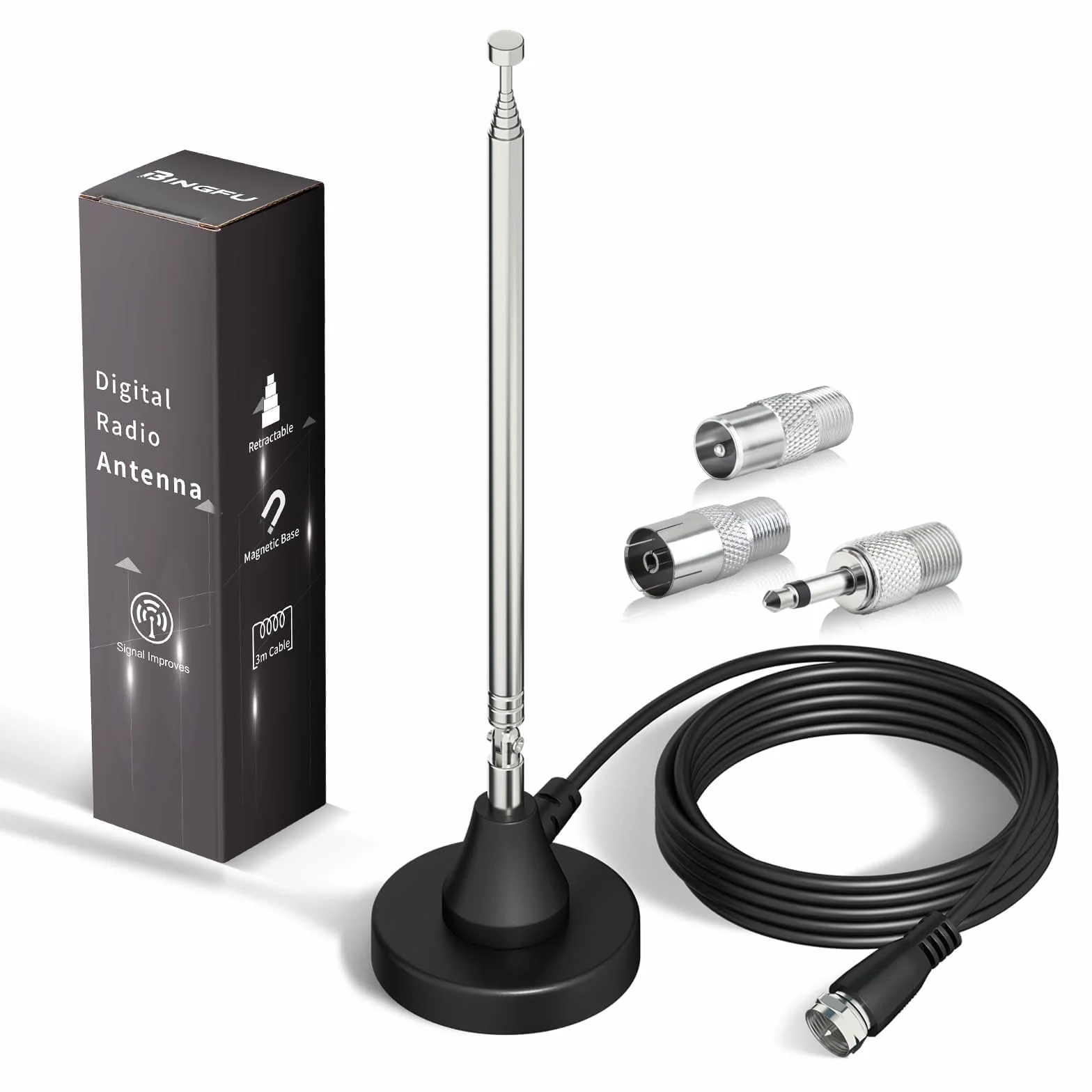 Bingfu Antenne Radio Dab FM Intérieure Télescopique 79 cm Antenne Numérique Amplifiée Maison avec Base Magnétique Câble de 3m pour Chaine HiFi Ampli Tuner FM Dab+ Dab Poste Radio Récepteur AV Stéréo