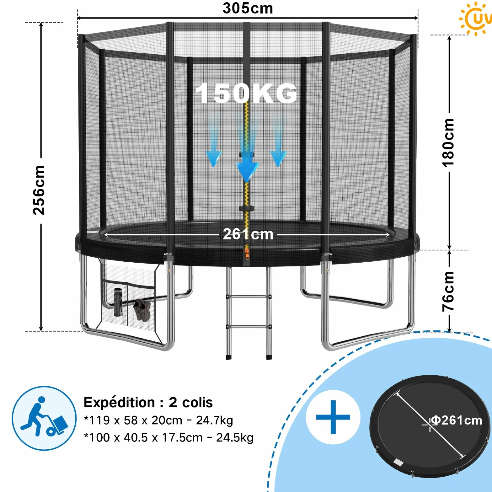 Devoko Trampoline Extérieur Ø183-427cm, Trampoline de Jardin Robuste, Cadre en Acier Galvanisé