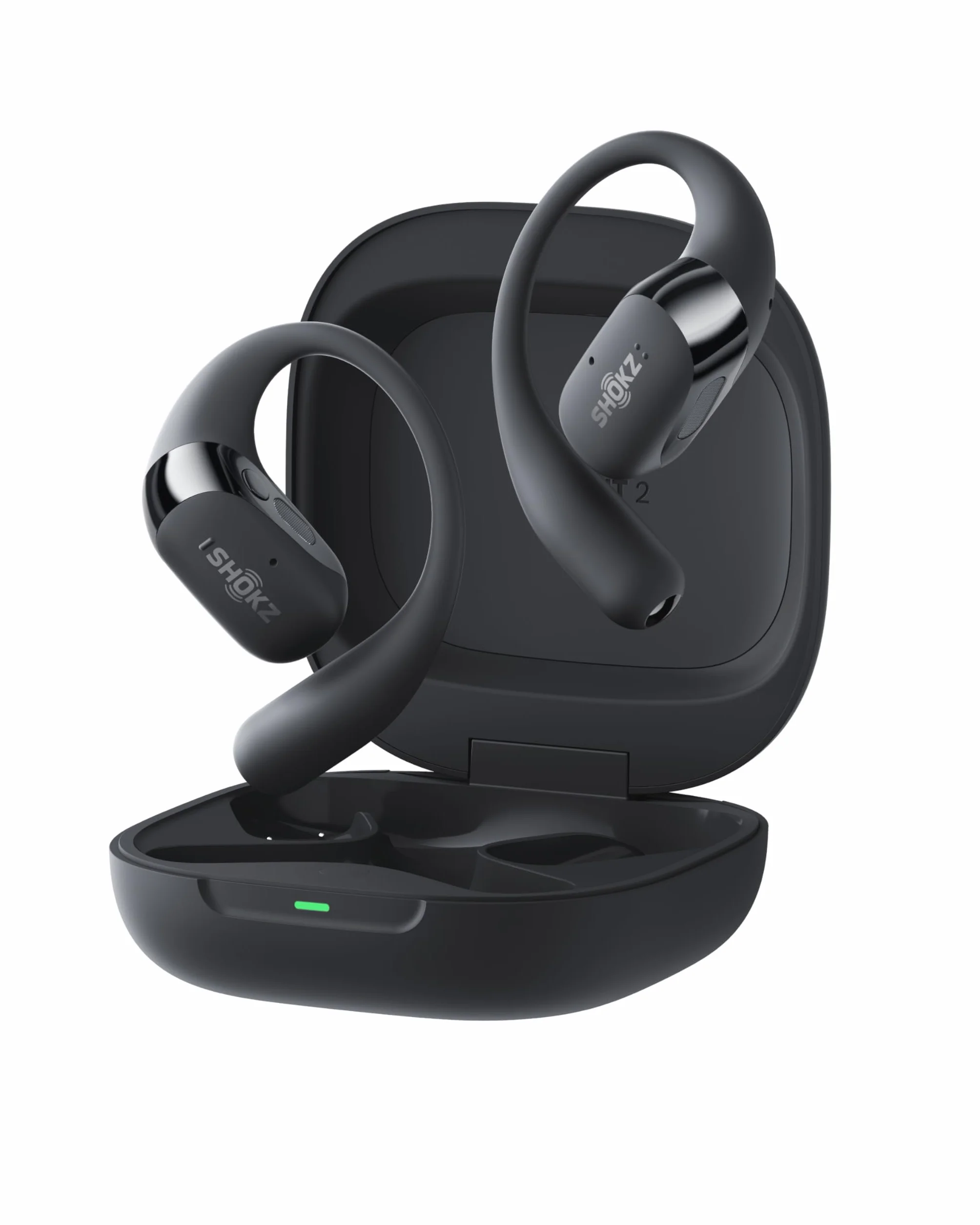 SHOKZ OpenFit 2+ Nouveaux Casques à Oreilles Libres, Dolby Audio, Crochets d’Oreille Souples, 48 Heures d’autonomie, résistance à l’Eau IP55, Recharge sans Fil, avec Sac de Transport, Noir