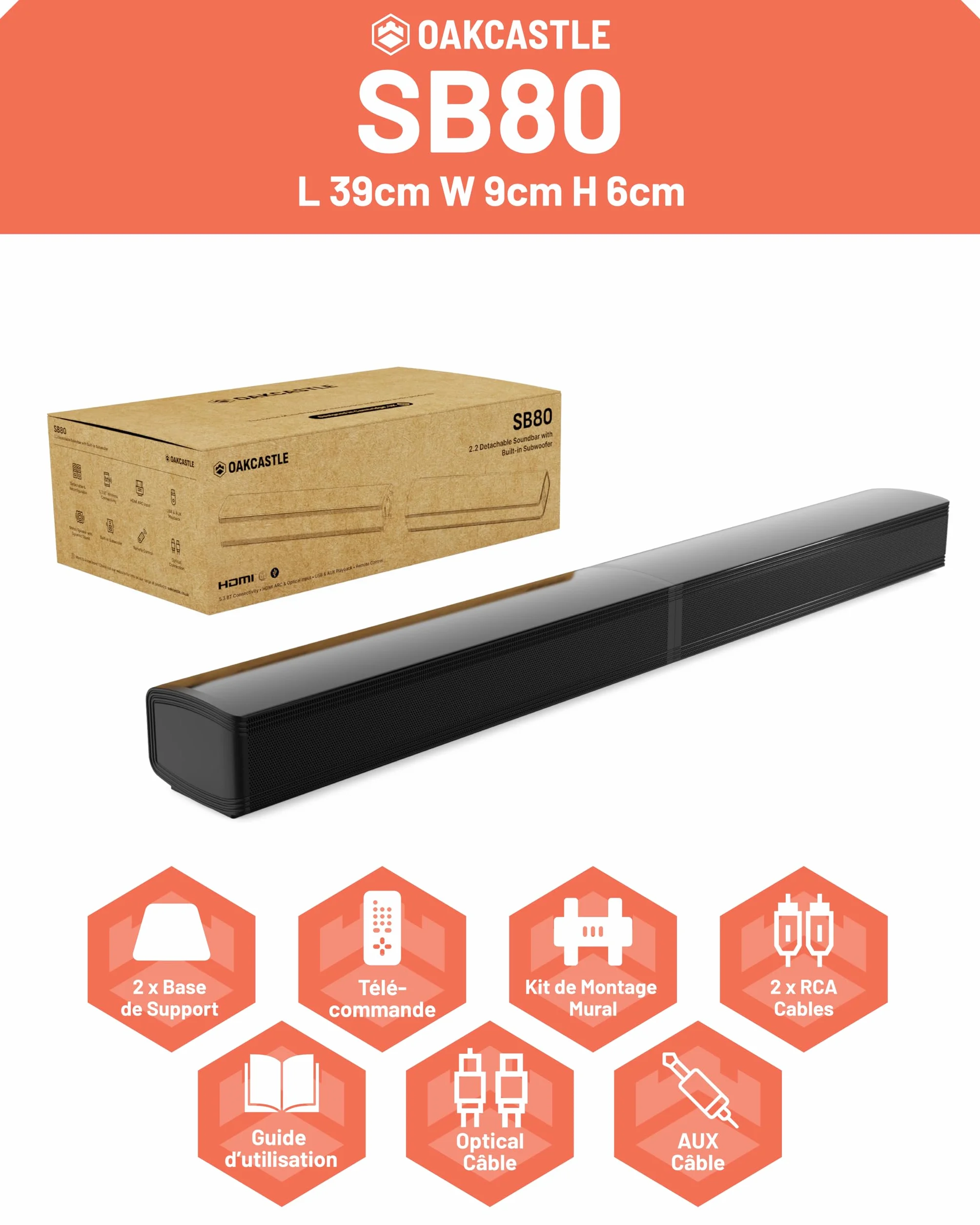Oakcastle SB80 Barre de Son Home Cinéma sans Fil Bluetooth 5.1 HDMI Arc Optique AUX USB Soundbar Caisson de Basse