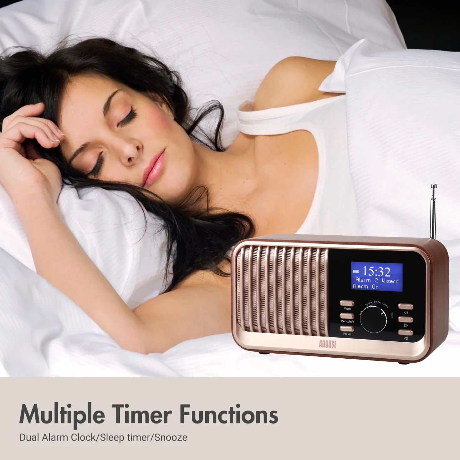 August MB450K - Radio Dab/Dab+/FM Rechargeable Double Réveil, Radio Portable Rétro avec 60 Présélections, Haut-Parleur Bluetooth 5.3, USB/AUX/Carte MicroSD, Autonomie 18H et Télécommande - Chêne