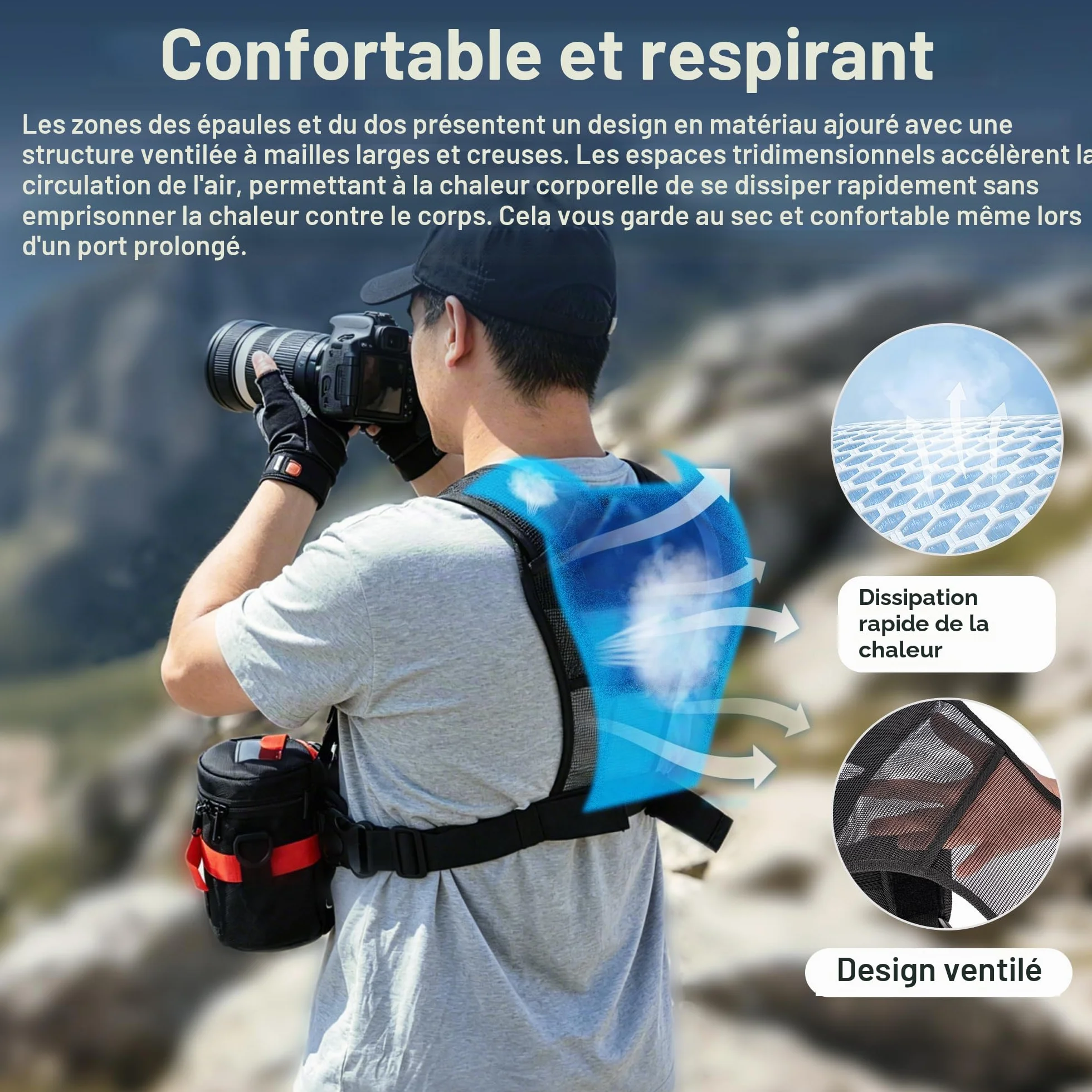 FOMITO Camera Chest Harness System Gilet de transport multi-appareil photo avec étui latéral Gris Compatible avec Canon Nikon Sony Panasonic Olympus DSLR