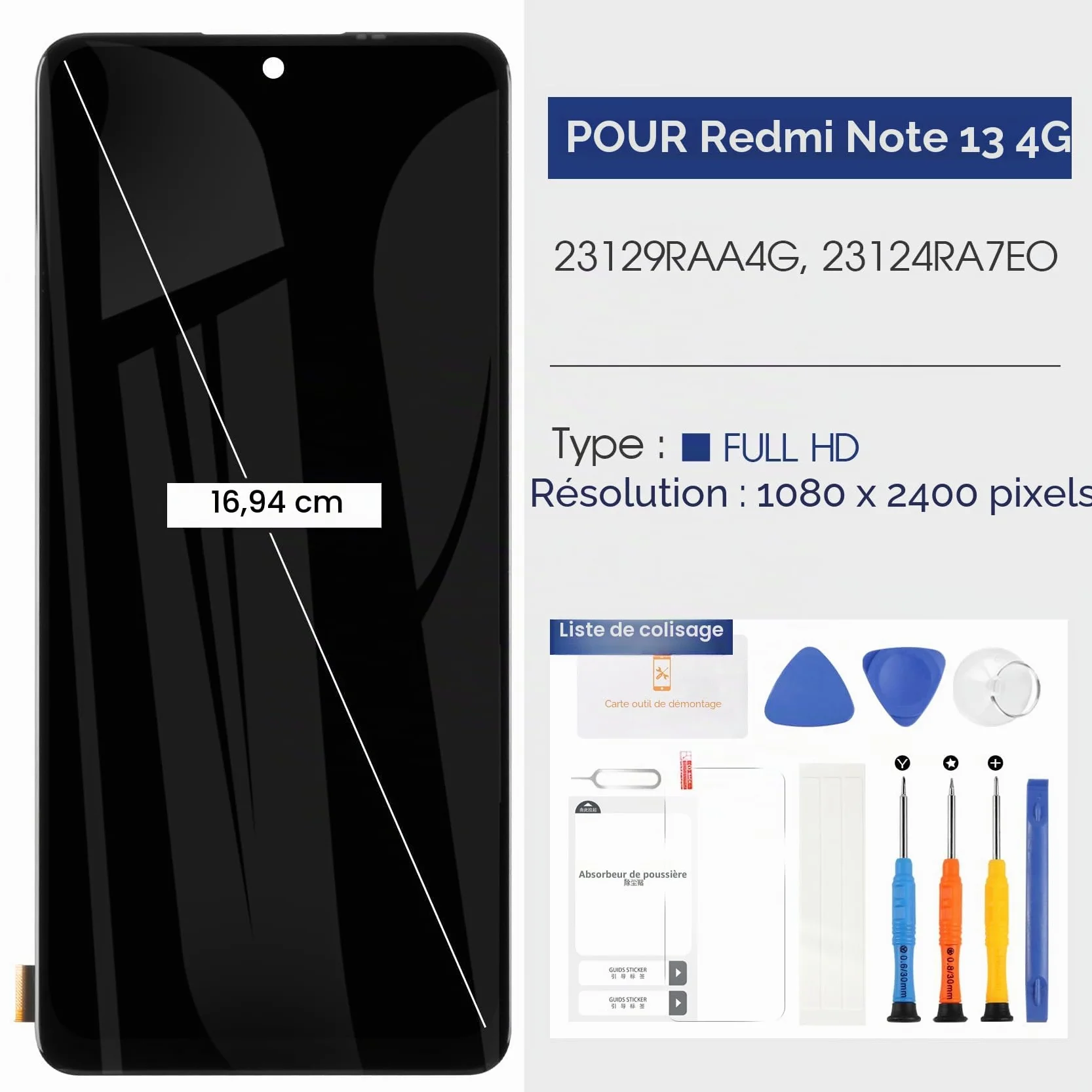 Reparo LCD Écran pour Xiaomi Redmi Note 13 4G Display - Ecran pour Redmi Note 13 4G LCD Display Écran Tactile Digitizer Assembly 23129RAA4G 23124RA7EO (6.67",Noir)