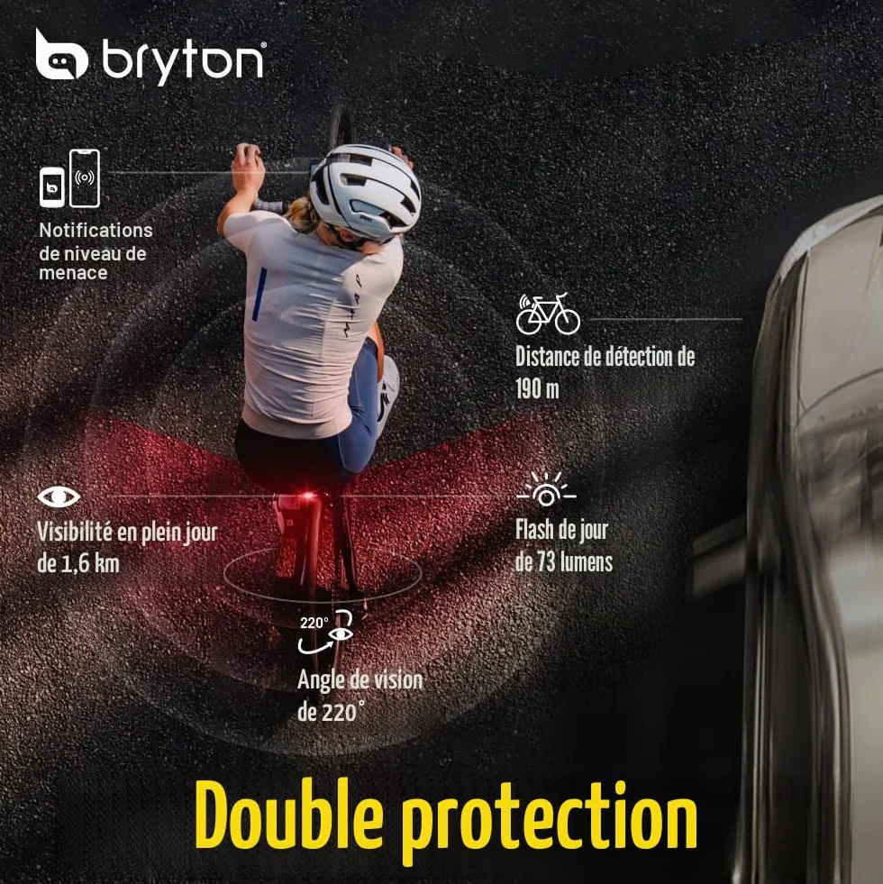 Bryton GARDIA R300L Radar de Vélo avec Feu Arrière – Alertes Visuelles et Sonores, 190 mètres, 220°, Compatible Application