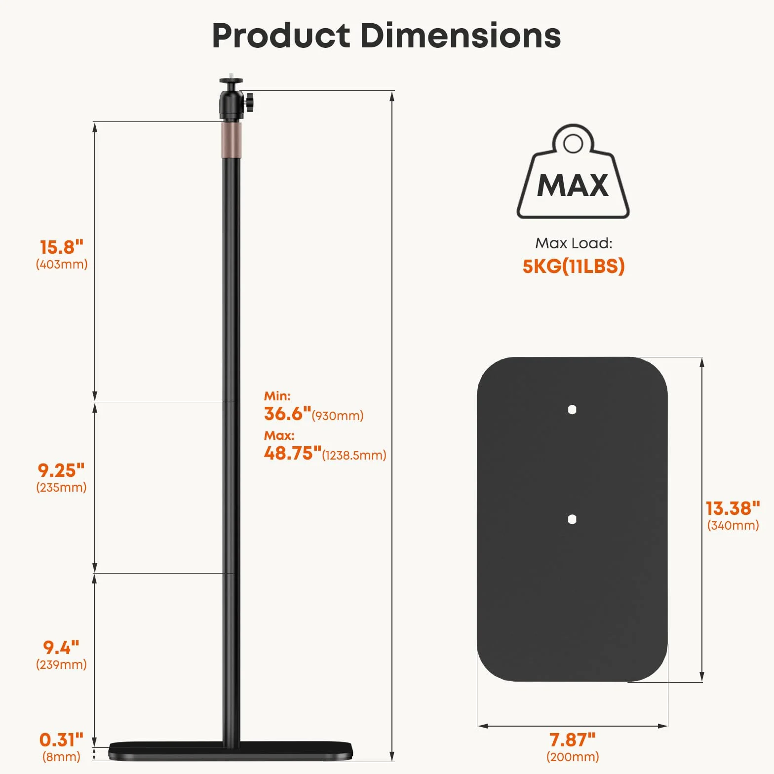 PUTORSEN Support Universel pour Projecteur – Pied réglable en hauteur, 5 kg, Rotule 360°, Pas de vis 1/4"