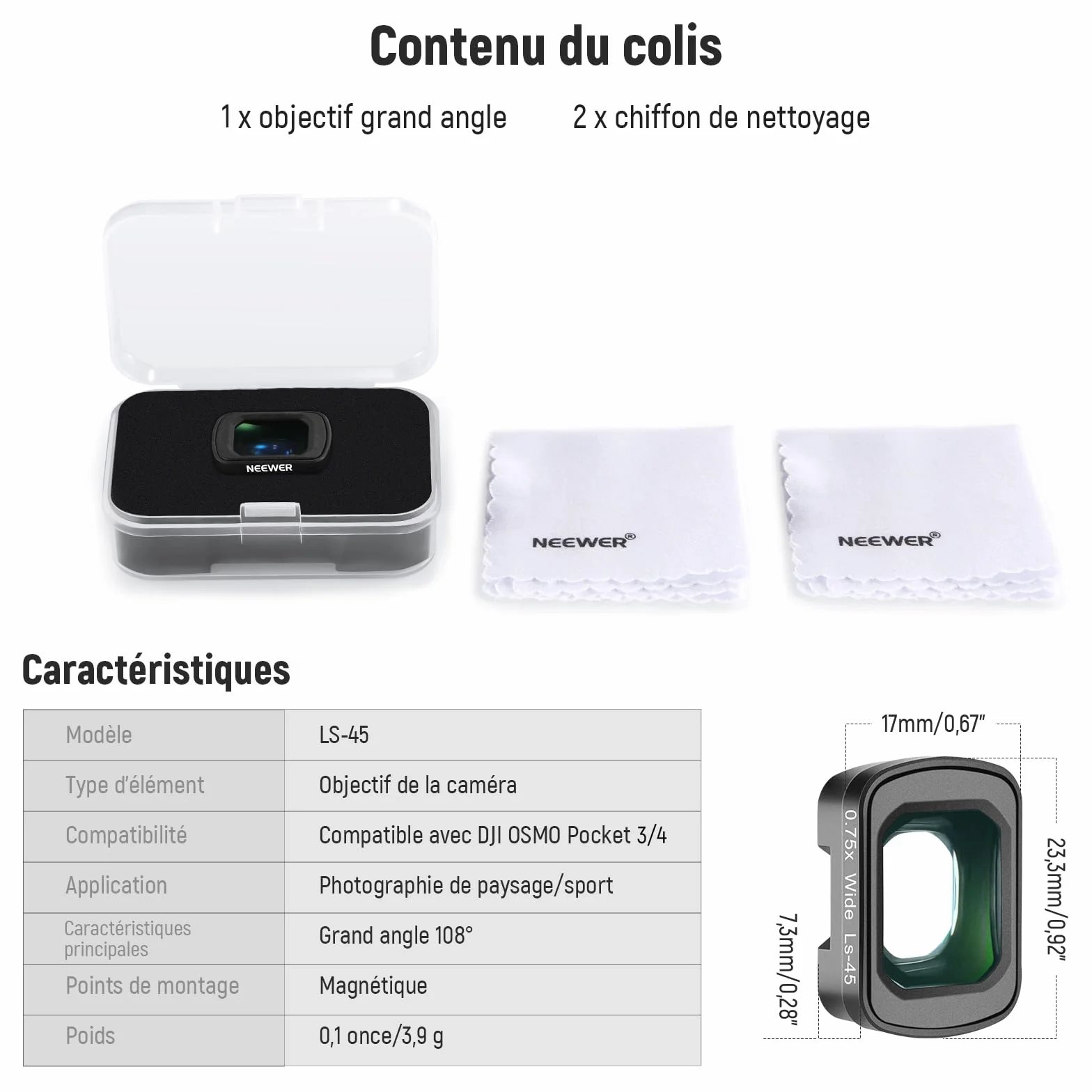 NEEWER Objectif Grand Angle 0,75x Compatible DJI Osmo Pocket 4 3 Xtra Muse Creator Combo, Asphérique Multicouche Magnétique FOV 108° pour Caméra d'Action