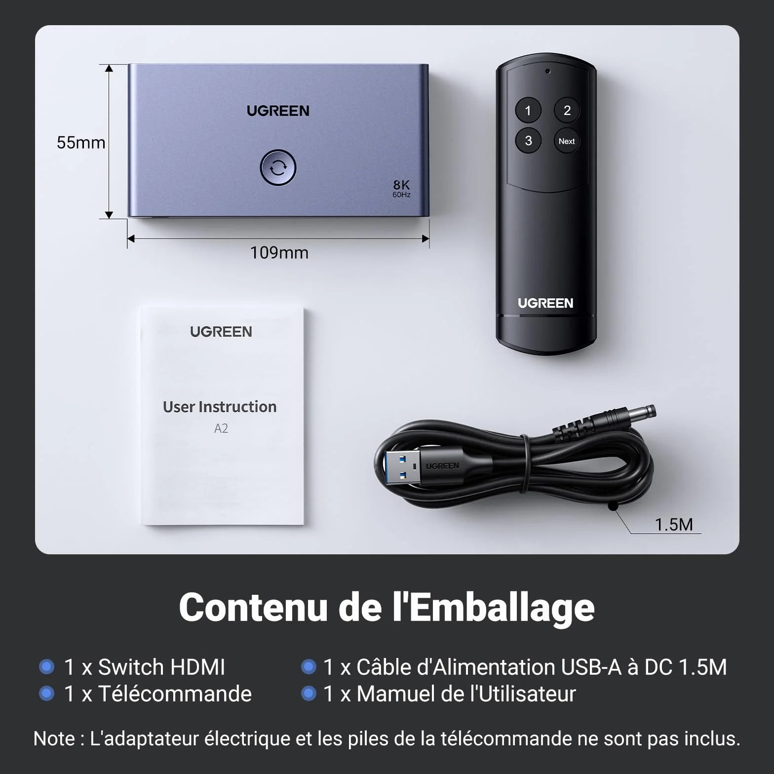 UGREEN Switch HDMI 2.1 8K 60Hz Commutateur 4K 120Hz 3 Entrées 1 Sortie 48Gbps