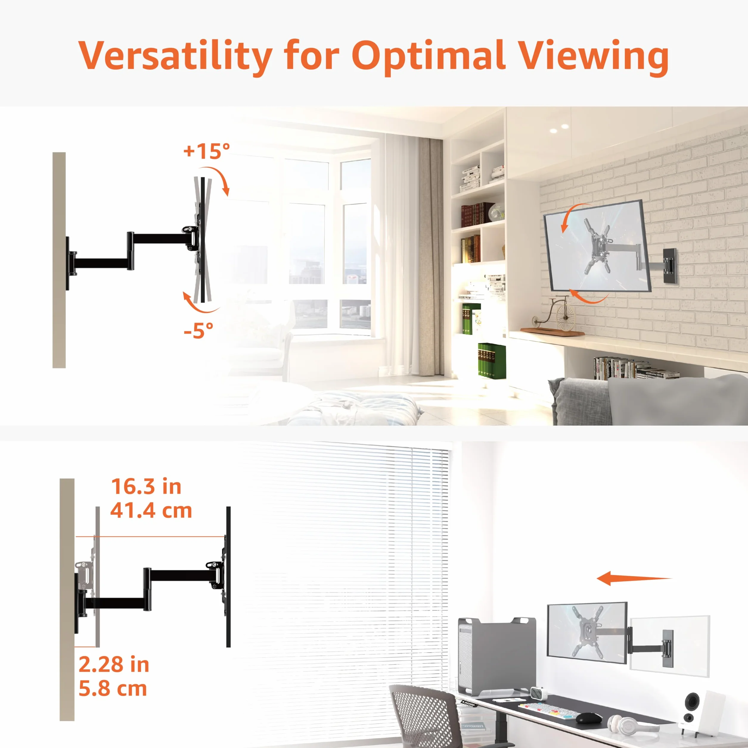 Amazon Basics Support Mural Pour Téléviseur, Mouvement Complet, Pivotant et Inclinable, Pour Téléviseurs ou Écrans Plats et Incurvés 12 à 40 Pouces Jusqu’à 36kg, Support TV, VESA max. 200x200mm, Noir