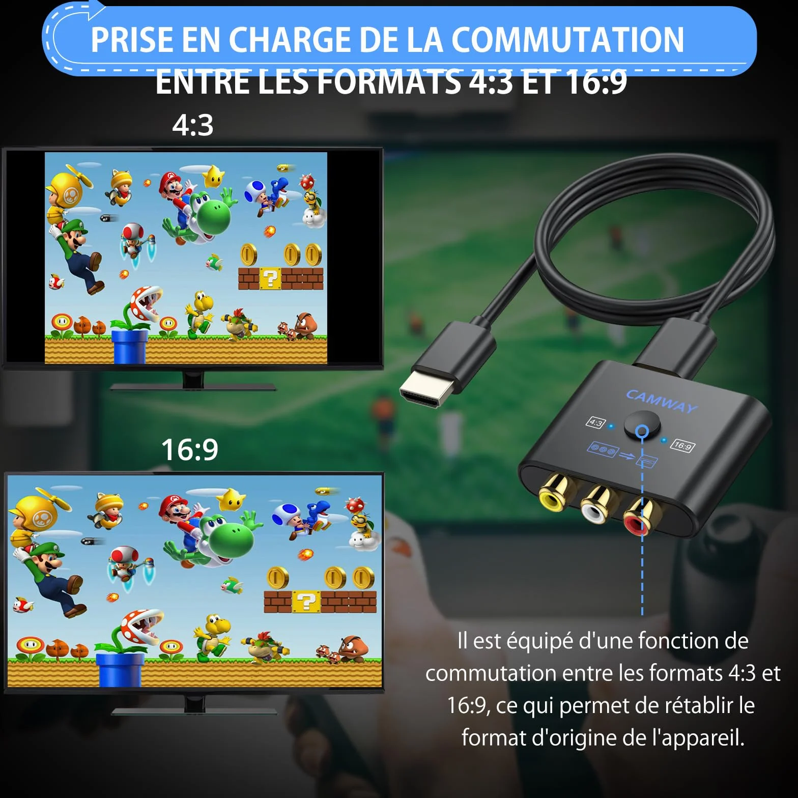 CAMWAY Convertisseur AV vers HDMI avec Câble 50cm Adaptateur RCA vers HDMI 1080P/720P (60Hz) pour PS1/PS2/Wii/N64 Commutateur 4:3/16:9 Exclusif Plug & Play Compatible Téléviseurs/Moniteurs