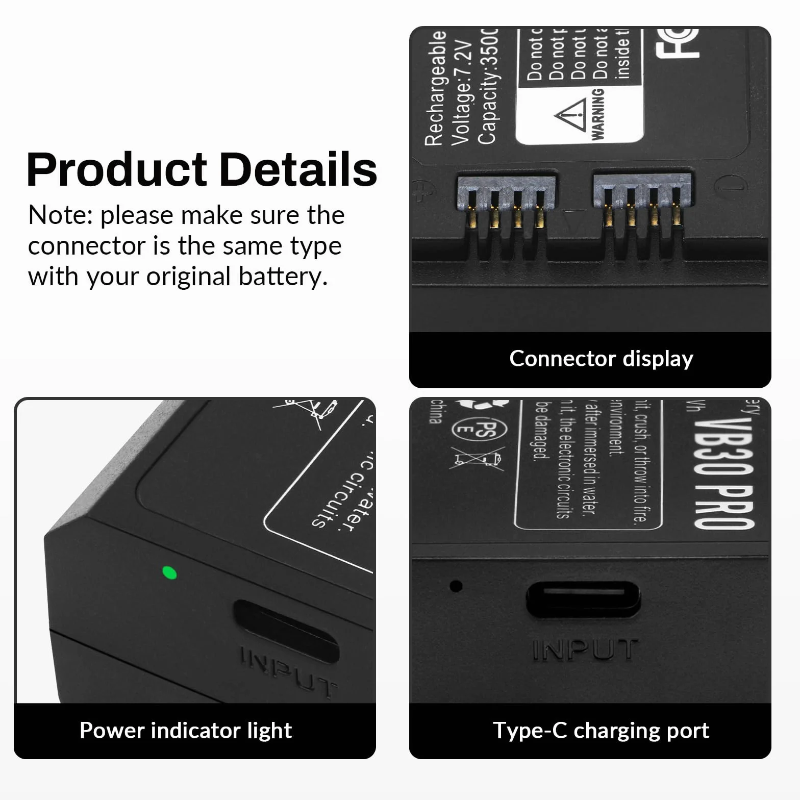K KYUER 2-Pack VB30 PRO Batterie de Flash Supérieure pour Godox V1 Pro Series, V100 Series, V1 Series, V860III, AD100Pro, V850III, MF-R76 Series 2PCS Charge with Type-C 7.2V 3500mAh Flash Unit Battery
