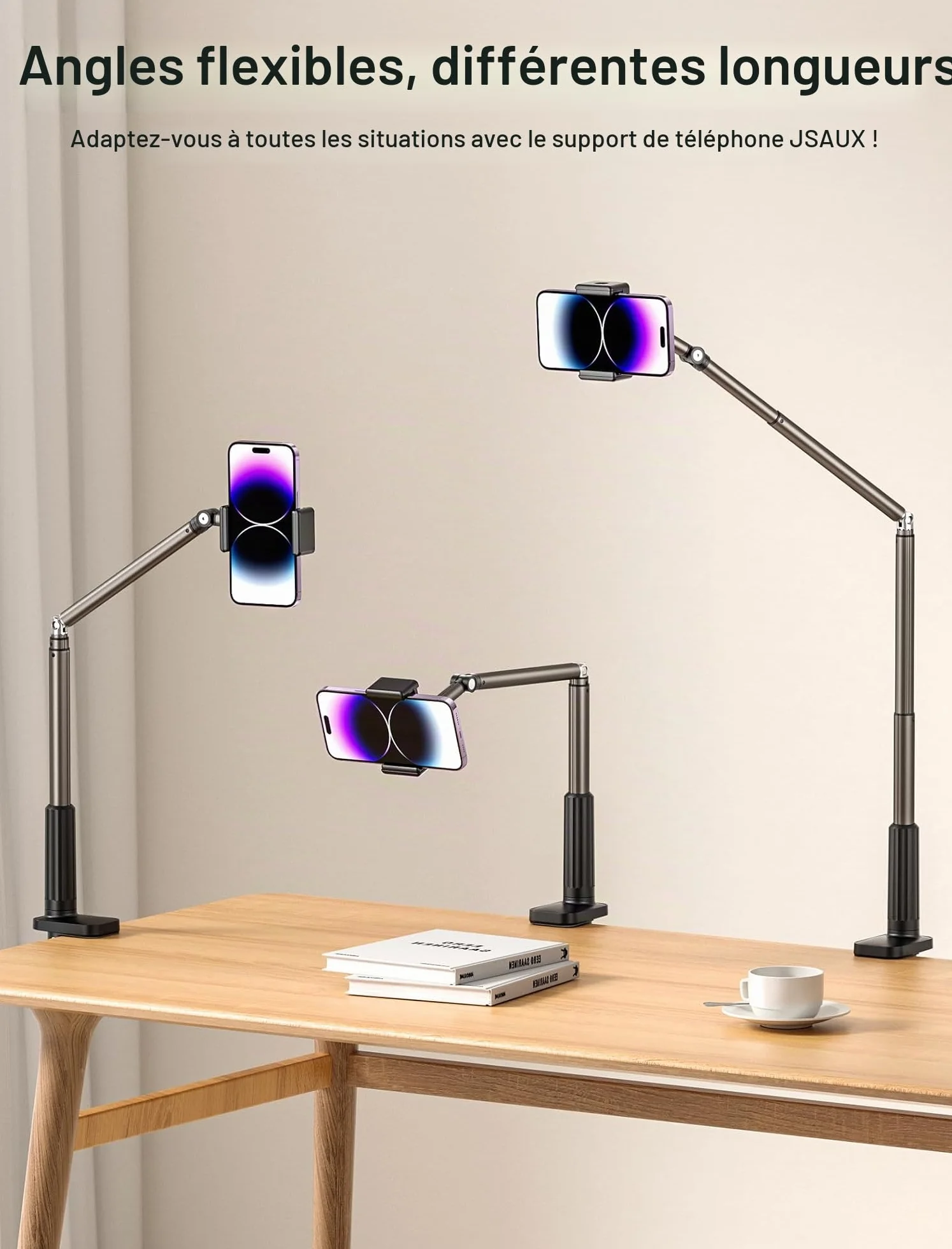 JSAUX Support de téléphone pour Bureau et lit, Support de téléphone Flexible Universel à 360° avec Pince de Serrage pour Table de Chevet, Compatible avec iPhone 14, 13, 12, 11, etc. [Noir]