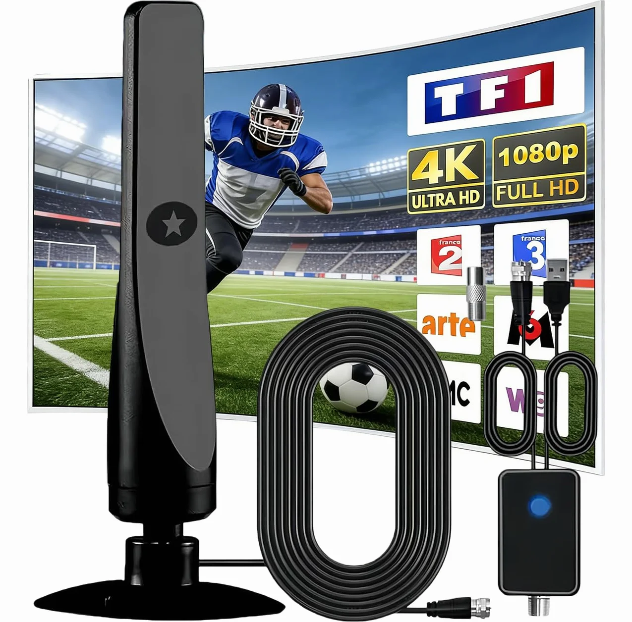 Antenne TV Intérieur Puissante, Antenne TNT HD Intérieure avec Amplificateur de Signal Intelligent, Câble Coaxial 3M, Compatible HD TV 1080P 4K VHF UHF, Réception Toutes Les Chaînes Gratuites