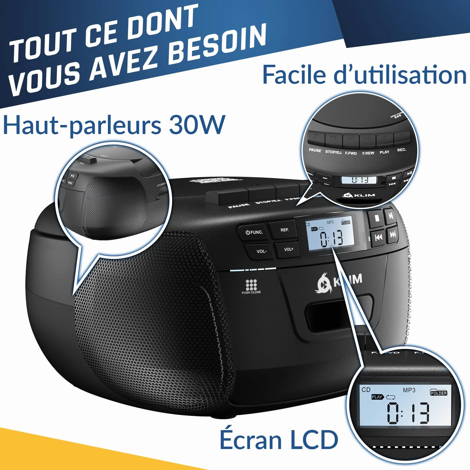 KLIM Lecteur CD Bluetooth Cassette Radio AM/FM Stéréo avec Télécommande Enregistrement USB AUX