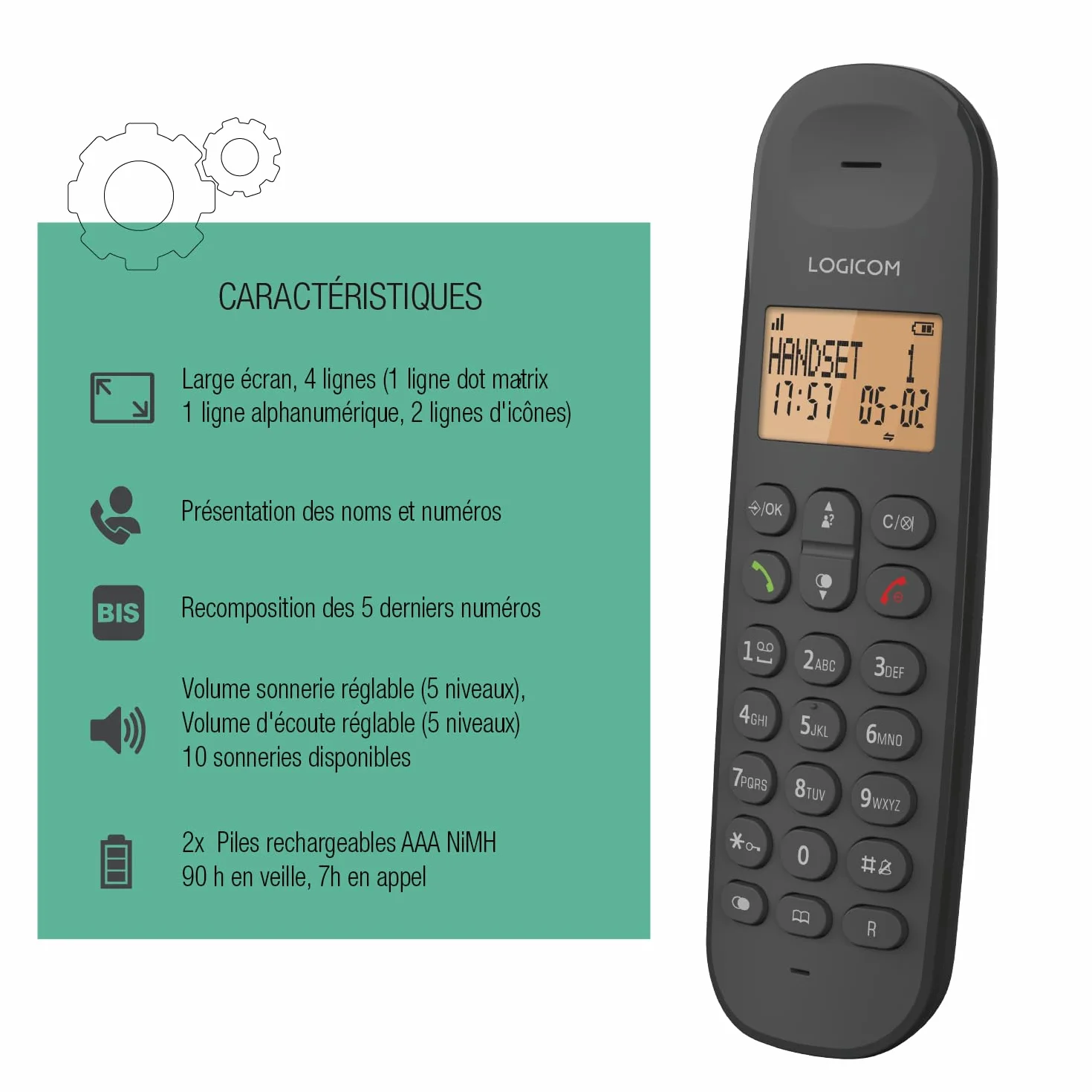Logicom ILOA 100 Téléphone Fixe sans Fil sans Répondeur - Solo - Téléphones analogiques et dect - Noir