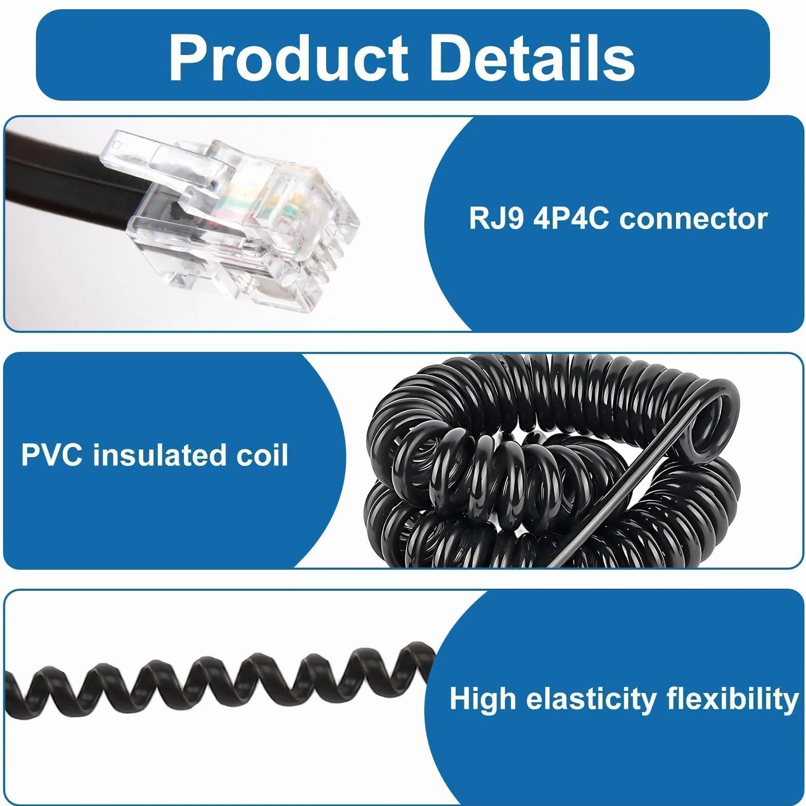 4 Pièces Cable Telephonique, 2.5M Combiné Téléphonique Câble Spiralé Cable Telephone Fixe 4P4C Cordon Fixe avec Prise Noir RJ9 pour Bureau à Domicile Téléphones Fixes AT&T Cisco NEC ROLM ITT TI