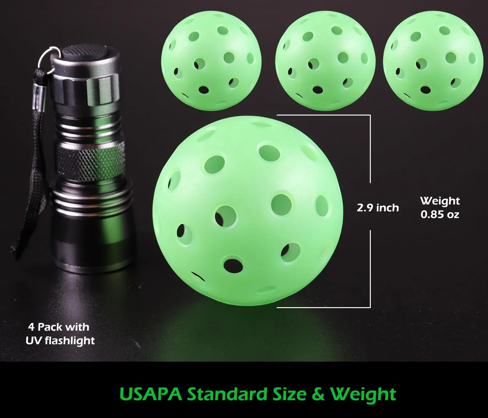 Lot de 4 balles de pickleball phosphorescentes UV vert fluorescent 40 trous norme USAPA durable extérieur