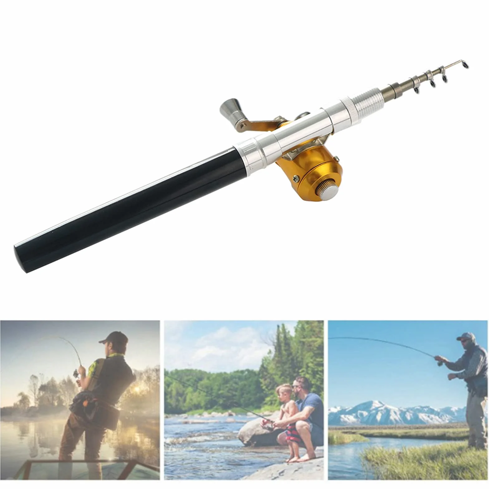 Mini Canne à Pêche Stylo Télescopique Aluminium 21cm Kit Combiné Moulinet Ligne Portable Voyage Eau Douce Salée