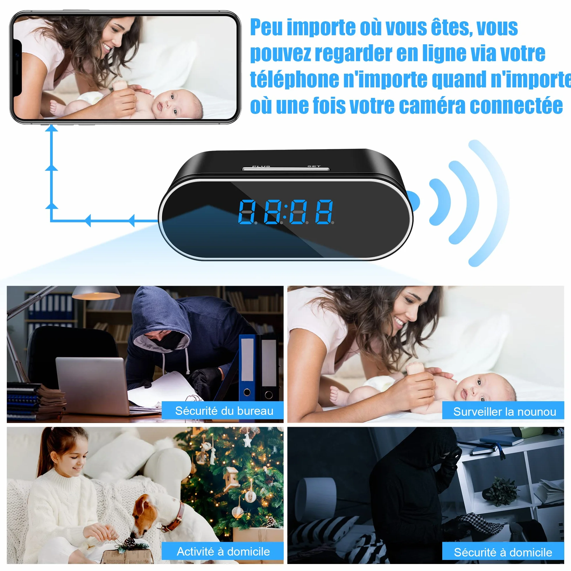 Caméra de Surveillance WiFi Intérieure 1080P Mini Espion Sans Fil Vision Nocturne Détecteur de Mouvement Noir