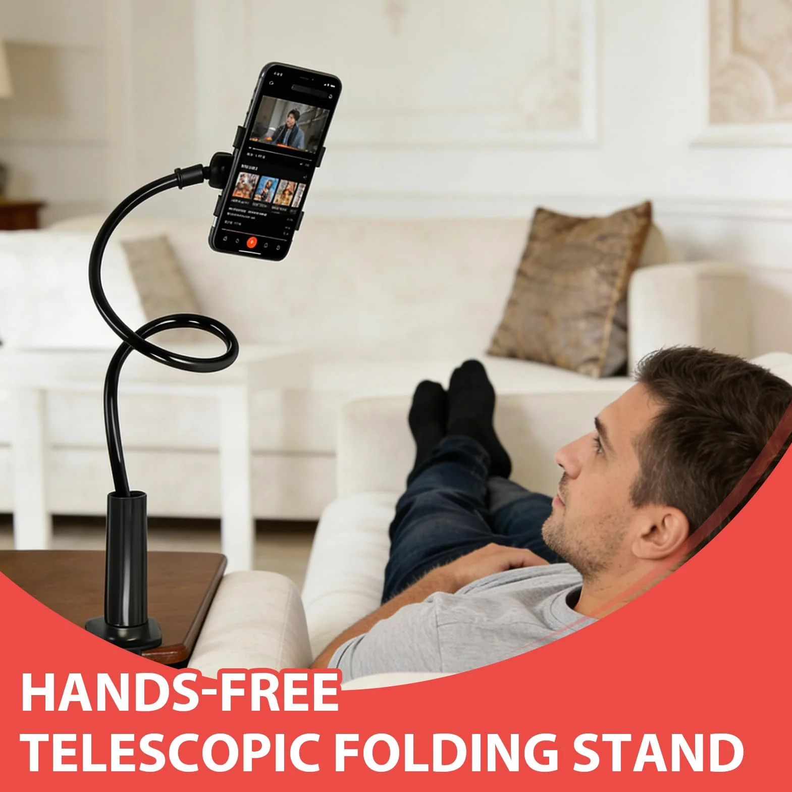 Support Telephone Lit, Support téléphone avec col de Cygne de - Réglable, avec bras télescopique flexible de 75 cm - Convient à tous les modèles - Convient pour les vidéos et regarder des films