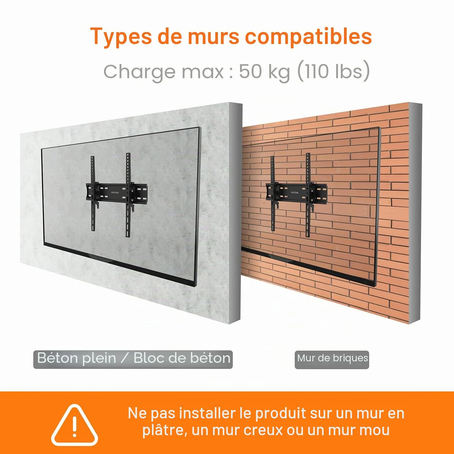 GRIFEMA Support Mural TV 26-65 Pouces - Fixation Murale TV Peut Contenir Jusqu'à 50KG, Accroche Television Mural Inclinable (± 15°) et Étend, Support Vesa 400x400mm Universel pour TV Plat / Incurvé