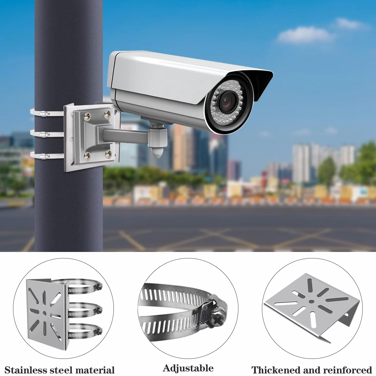 2 Set Support Universel pour Mât de Caméras de Surveillance, Montage Poteau Vertical en Acier Inoxydable avec Vis et 3 Brides Réglables, Support d’Angle pour Caméras CCTV, Panneaux Solaires