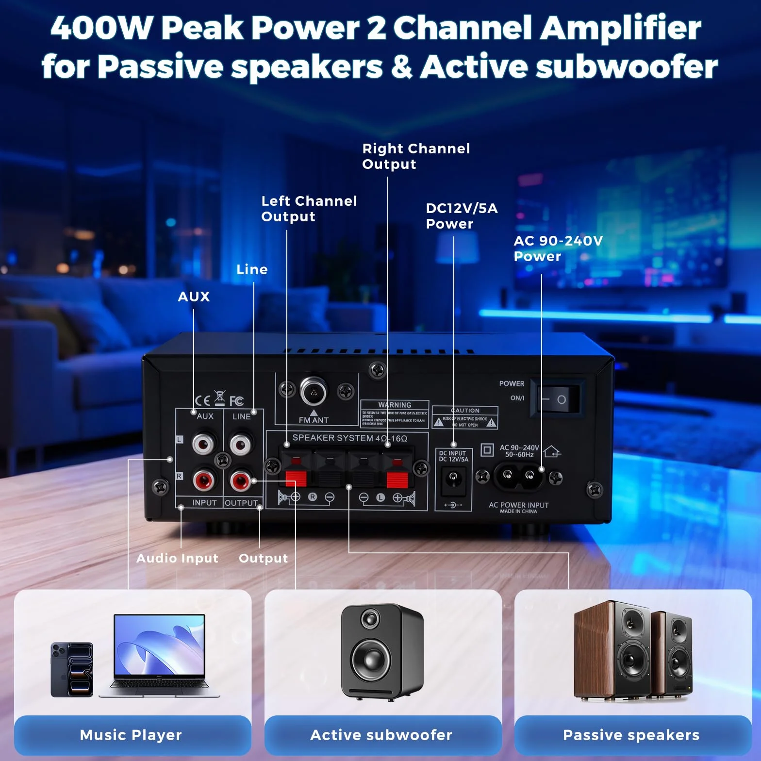 Romicta Amplificateur Audio Stéréo 800W, Bluetooth 5.0 | Radio FM, Lecteur USB/SD, Entrée AUX, 2 Micros avec Echo | Télécommande pour Home Cinéma et Maison