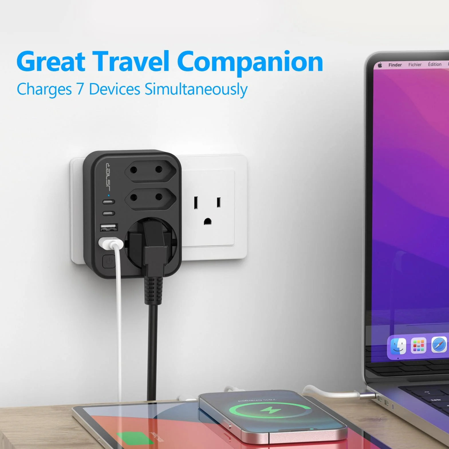 JSVER Adaptateur de Voyage 7 en 1 France vers États-Unis Canada 4 Ports USB 2A+2C Prises Type B Noir