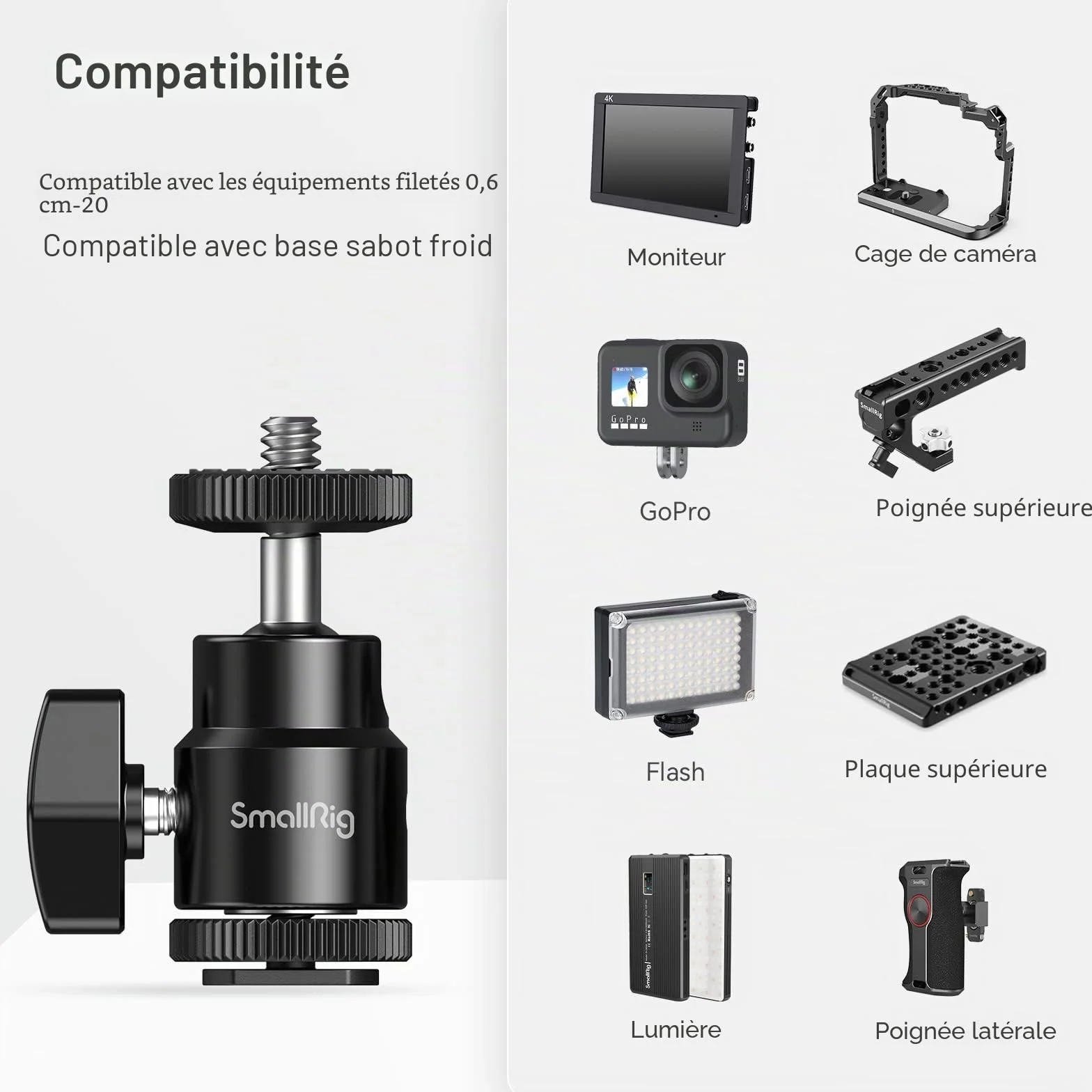 SMALLRIG Hot Shoe Mount Adaptateur Ball Head Mount Rotule Mini Moniteur Support avec Cold Shoe 761