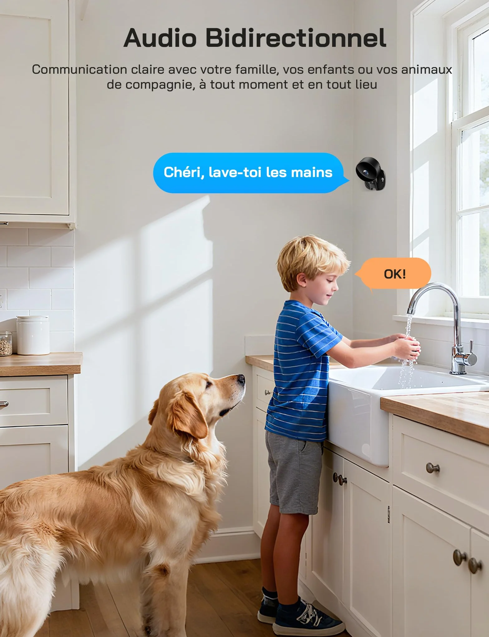 WOLFANG Caméra Intérieure sans Fil 1080P, Caméra WiFi avec Vision Nocturne, Détection de Mouvement, Audio Bidirectionnel, Compatible Alexa & Google Home, WiFi 2,4 GHz Uniquement