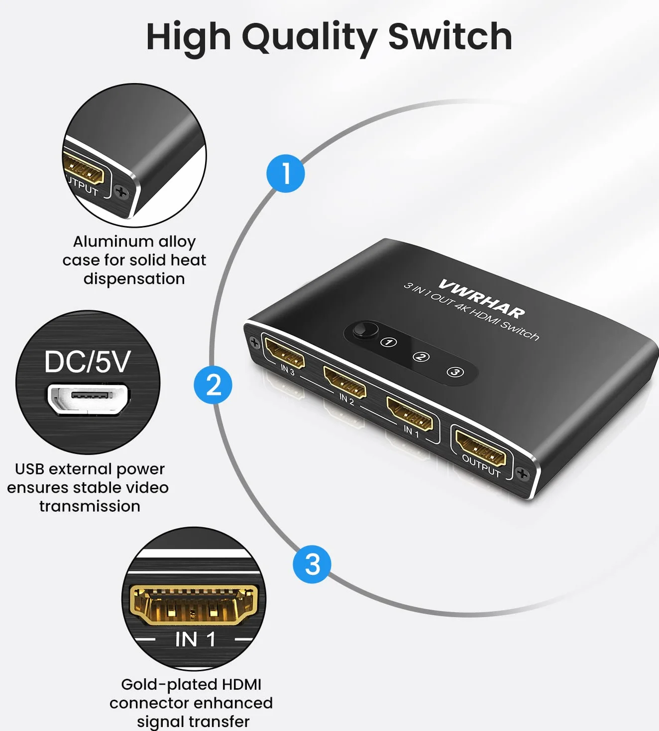 Multiprise HDMI Aluminium 3 Entrées 1 Sortie Splitter 4K 3D 1080P HDR Compatible PS5 PS4 Xbox