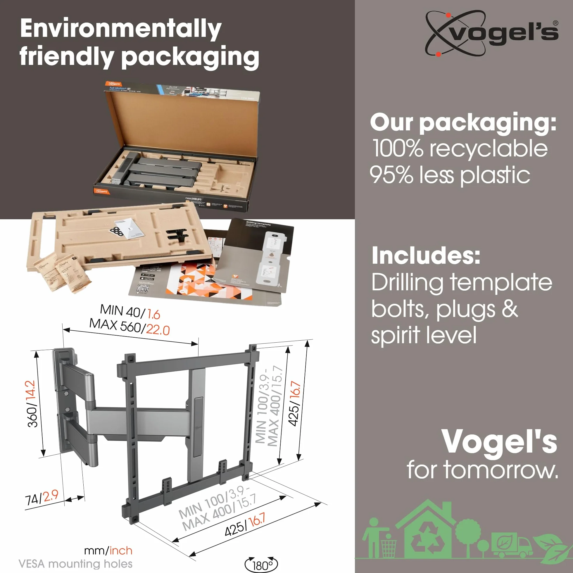 Vogel's Elite 5445 Support Mural TV pivotant et Ultra-Mince pour téléviseurs de 32 à 65 Pouces, Max. 35 kg, Pivote jusqu'à 180°, Support TV orientable Max. VESA 400x400, Universellement Compatible