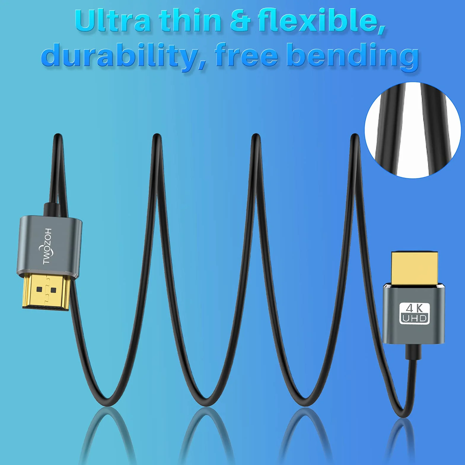 Twozoh Câble HDMI fin 0,3M Lot de 2, Ultra fin haute vitesse 4K@60Hz 18Gbps