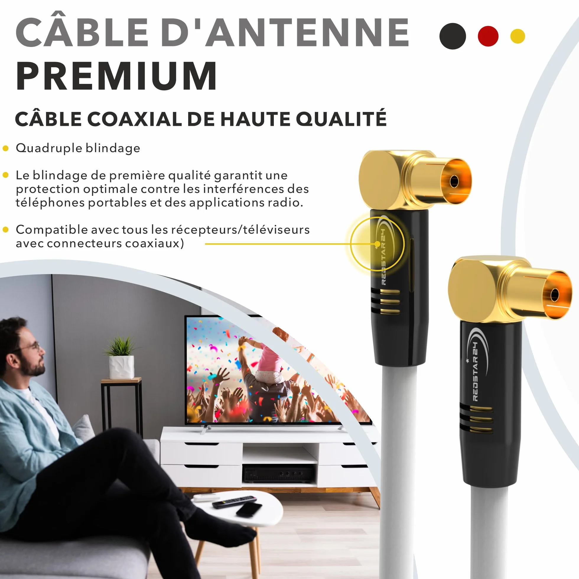 RedStar24 Câble d'antenne coaxial HDTV de 1,5 m blanc - Coudé à 90° - Mâle vers femelle - Câble coaxial HDTV de qualité supérieure pour télévision par câble - Câble TV : compatible avec TV, radio