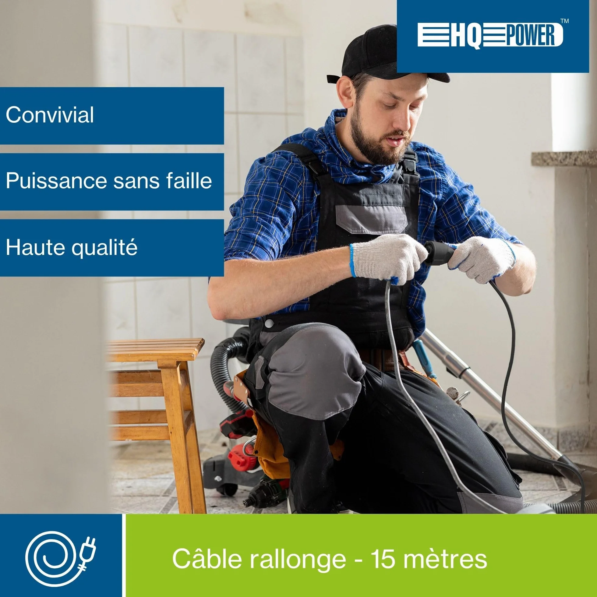 HQ-Power Rallonge, avec gaine rétractile, H05RR-F 3G2.5, 15 m, 16 A/230 V, 3680 W, type E/F, IP44, caoutchouc, noir