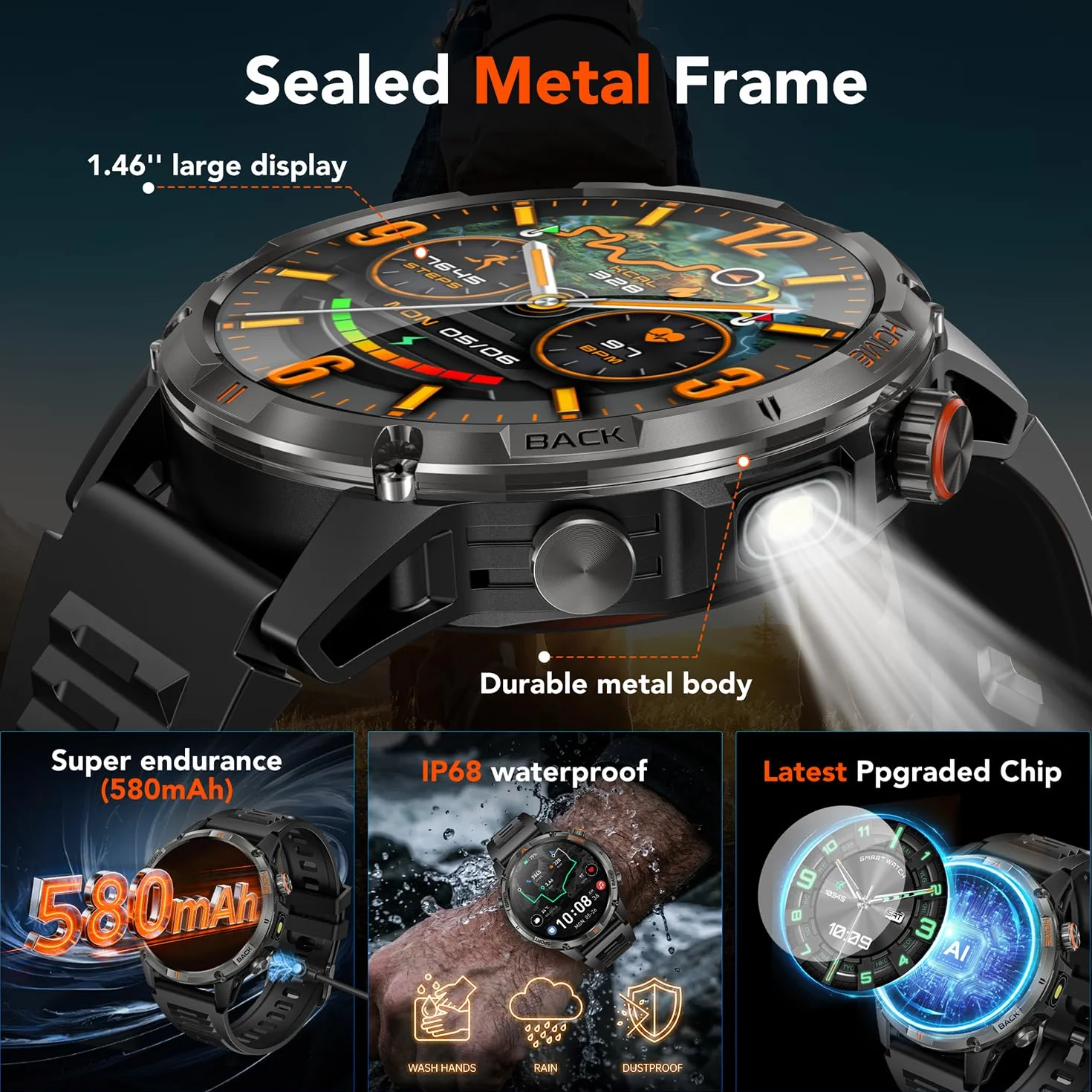 Montre Connectée Homme GPS Smartwatach: 1.46" HD Smart Watch Appel Bluetooth Fréquence Cardiaque SpO2 580mAh Batterie 100+ Modes Sportifs IP68 Etanche Surveillance Santé Torche LED pour iOS e Android