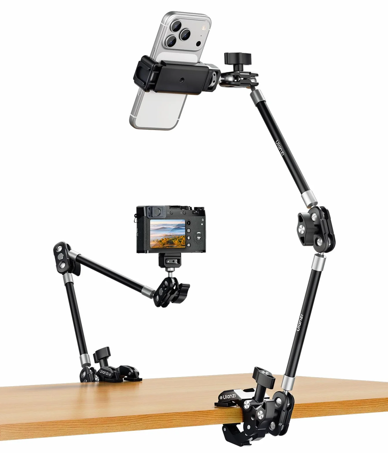 ULANZI CO78 Bras Magiques à Super Clamp avec Rotule 360°, Trépied à Pince avec Positionnement 1/4" & Arri, Support de Téléphone avec Sabot Froide & Filetage 1/4" pour iPhone/Lampe/Caméras d'action