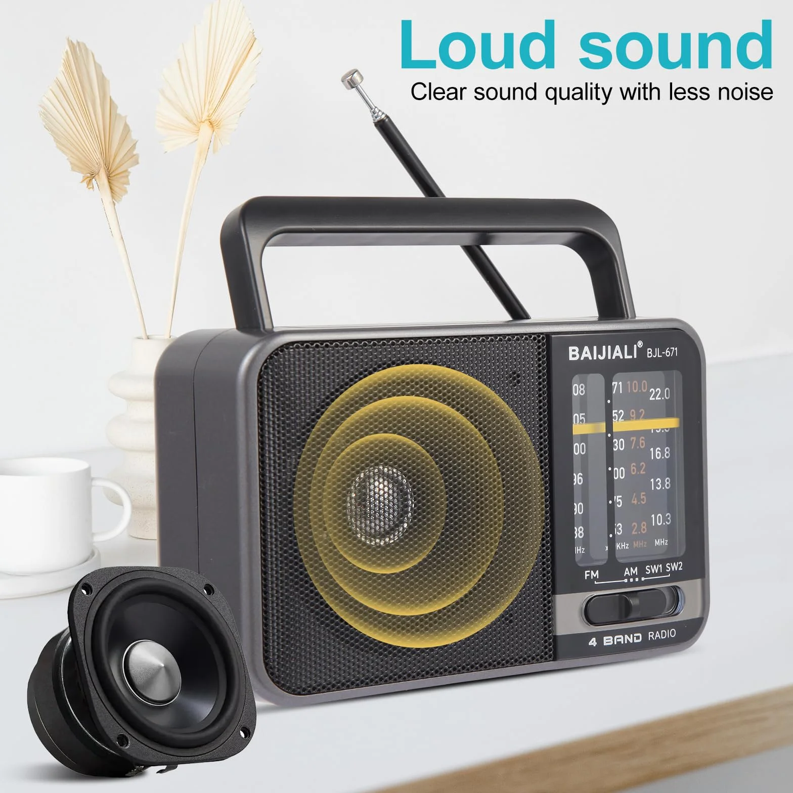 Radio Portable AM/FM avec Haut-Parleur Puissant - Poste Radio à Piles ou USB - Transistor Radio Compact de Survie pour la Maison, Extérieur, Voyage et Intempéries (Modèle BJL-671)